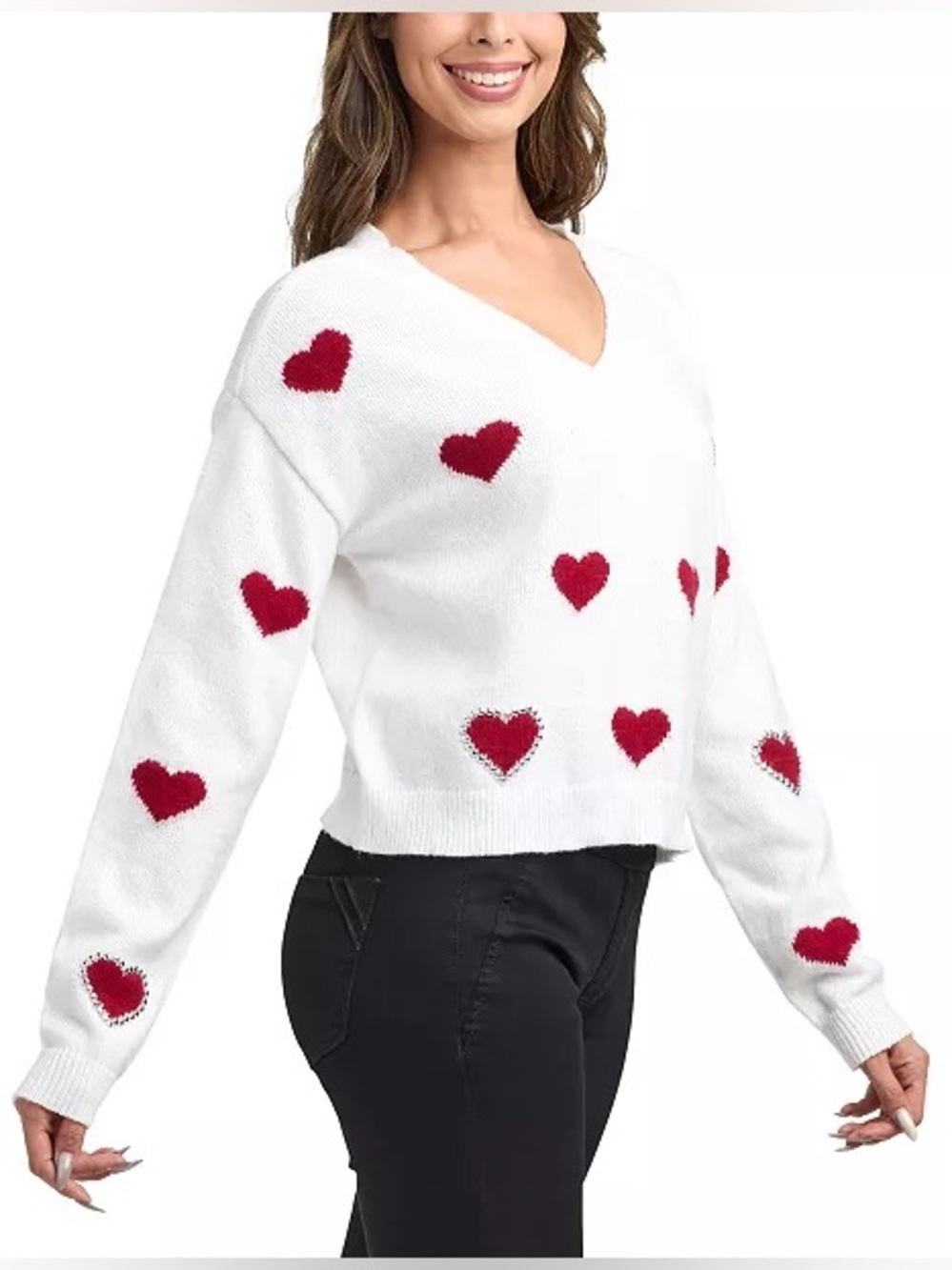 BCX White V-Neck Oull On Sweater with Red Hearts ♥️❤️❤️
